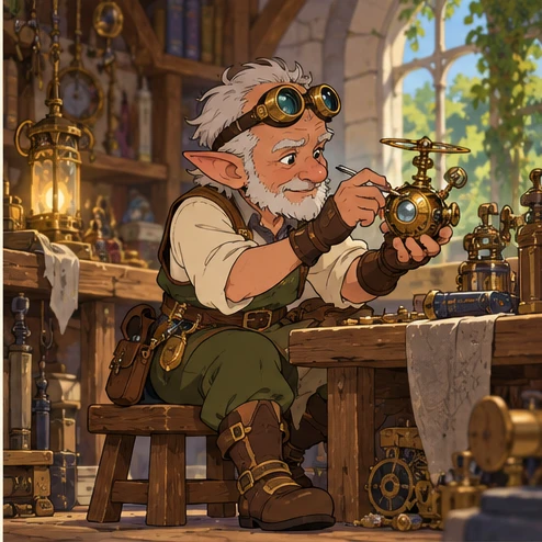 Gnome: very short adult inventor adjusting a small mechanical gadget at a workshop bench. Artistic interpretation.