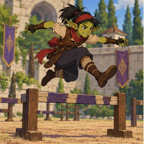 Goblin: small green pointed-eared adult person making a daring jump over a low training hurdle. Artistic interpretation.