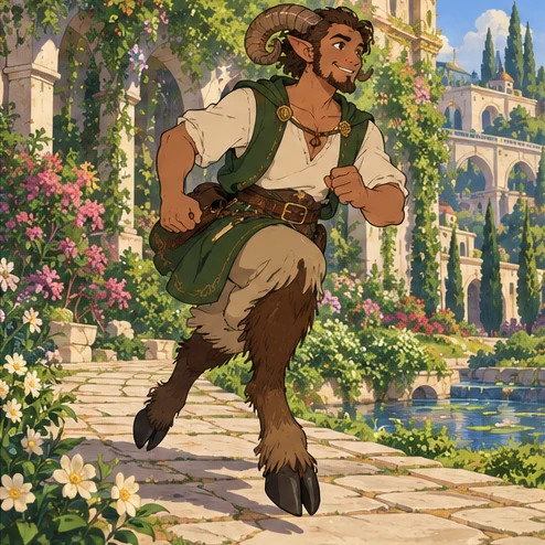Grovetrotter: adult faun person with curved ram horns and goat legs jogging along a green courtyard path. Artistic interpretation.