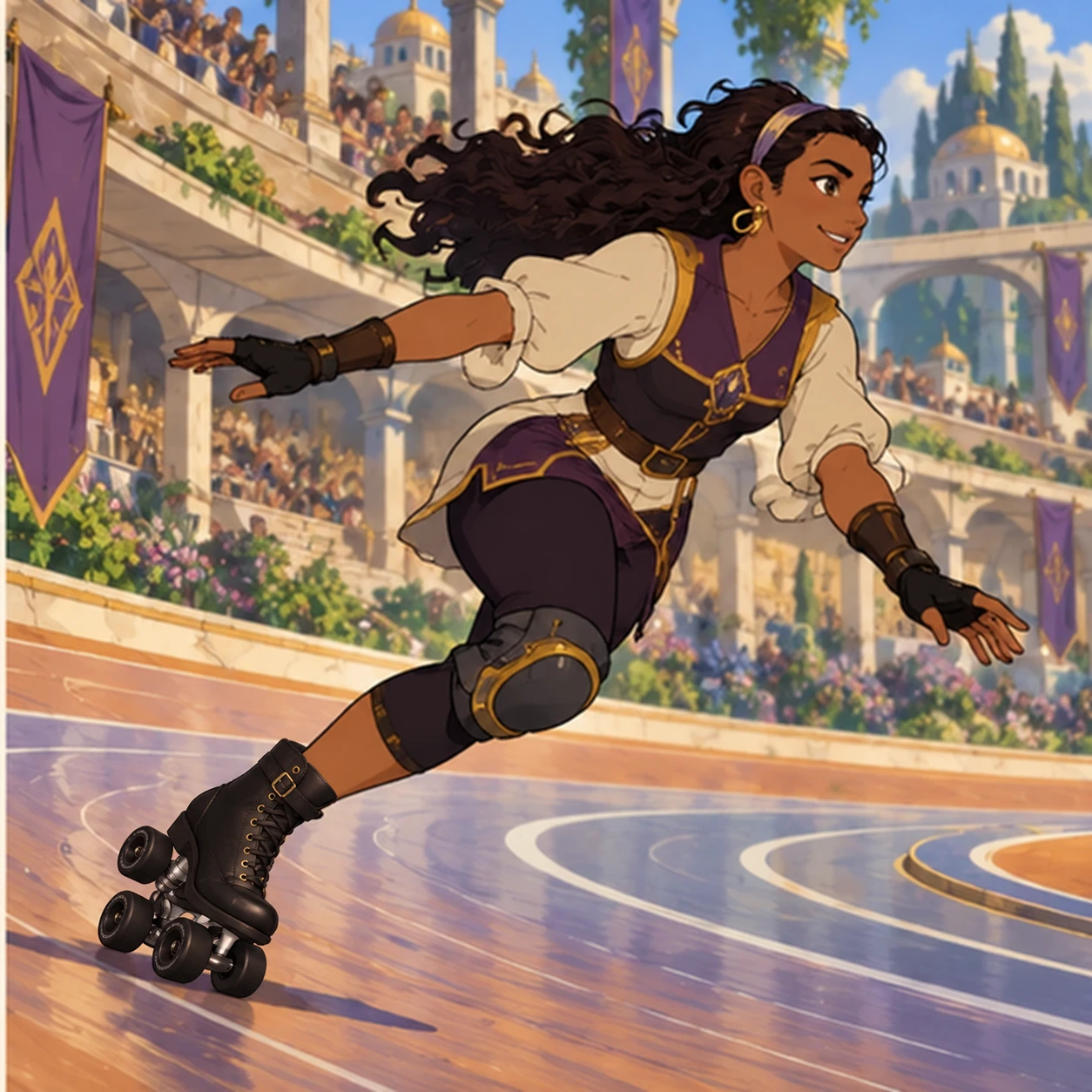 Human: athletic brown-skinned adult woman roller-skating along a curved arena track on black quad roller skates. Artistic interpretation.