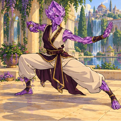 Jewelborn: gemstone person with faceted translucent amethyst body practicing a balanced martial stance. Artistic interpretation.