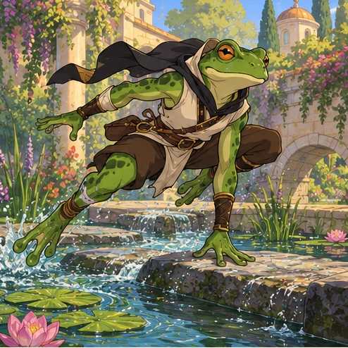Marsh Walker: anthropomorphic frog person vaulting across a wet garden stepping stone. Artistic interpretation.