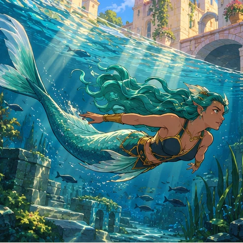 Mermaid: adult merperson with long turquoise fish tail swimming swiftly through a sunlit canal. Artistic interpretation.