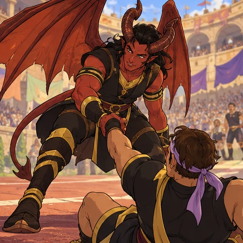 Netherhorde: adult infernal horned winged person in black and gold athletic clothes, bracing a teammate on an arena bend. Artistic interpretation.