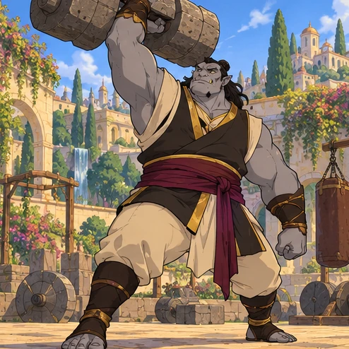Ogre: very large broad muscular adult humanoid lifting a heavy training weight in a sunny courtyard. Artistic interpretation.