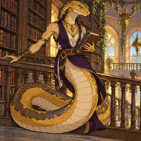 Ophidian: snake person with humanlike upper torso and long coiling scaled snake lower body, moving along a library balcony. Artistic interpretation.