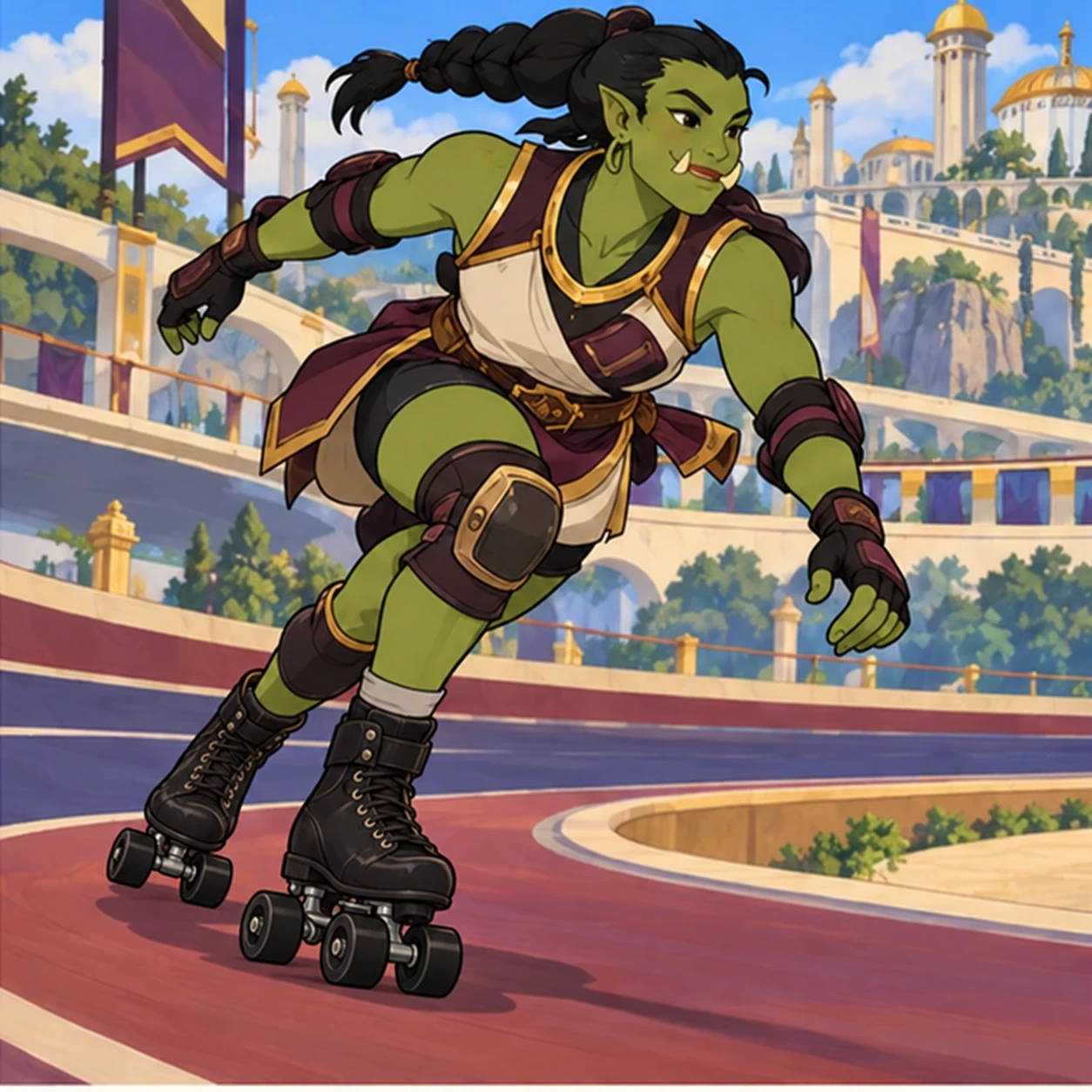 Orc: adult green-skinned tusked athletic person in protective gear roller-skating around a track on black quad roller skates. Artistic interpretation.