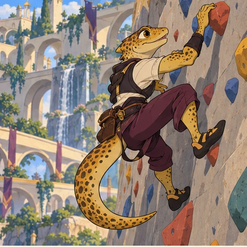 Sauronid: anthropomorphic gecko person scrambling up a low climbing wall, spotted scales and expressive eyes. Artistic interpretation.
