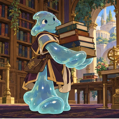 Slime: friendly translucent gelatinous person with changeable rounded outline carrying books in library. Artistic interpretation.