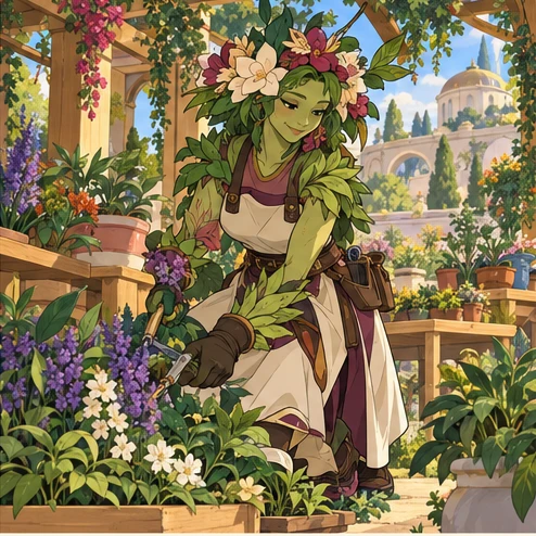 Suneater: living plant person with succulent leaves and floral crown growing from body tending a garden workshop. Artistic interpretation.