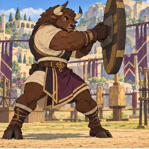 Taurlord: large bison-headed minotaur person with humanlike upright body and horns, lifting a practice shield. Artistic interpretation.