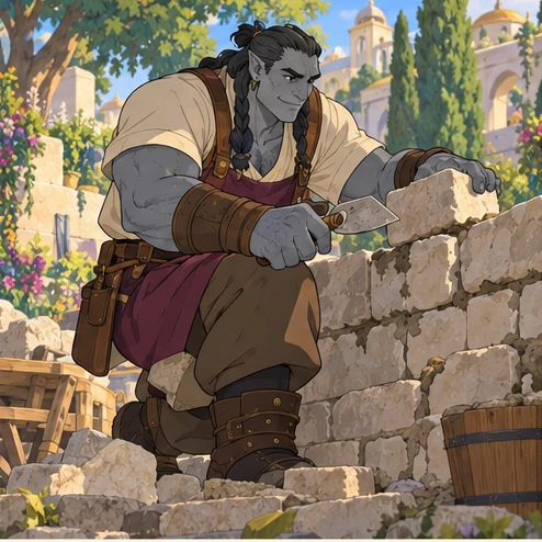 Troll: imposing tall broad humanoid with blue-gray skin repairing a stone wall in a sunlit courtyard. Artistic interpretation.