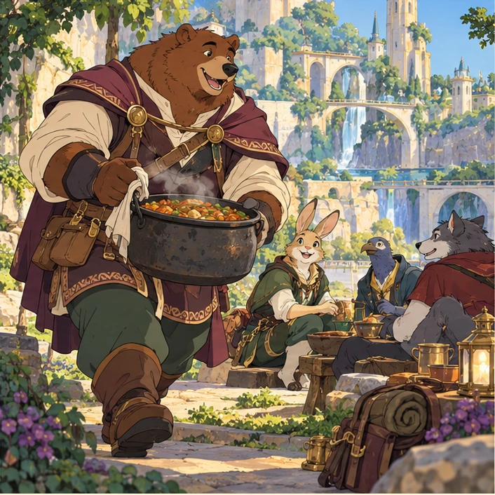 Ursagari: broad anthropomorphic brown bear person carrying a camp cooking pot toward companions. Artistic interpretation.