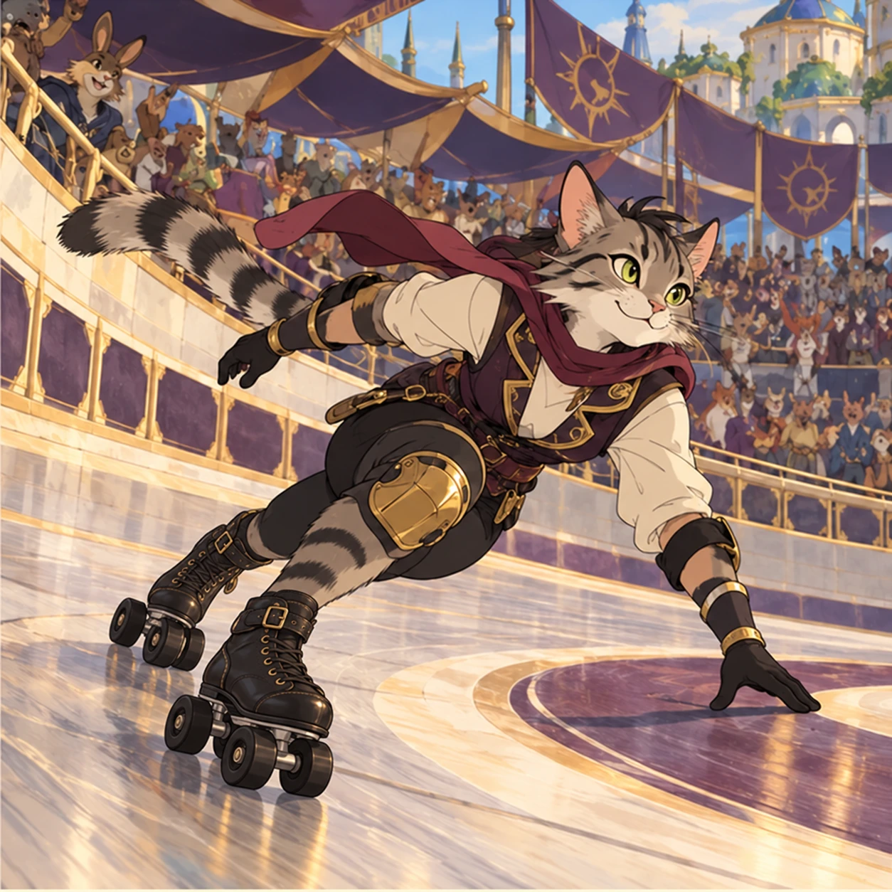 Whiskerati: anthropomorphic striped cat person roller-skating through a tight arena turn on black quad roller skates. Artistic interpretation.