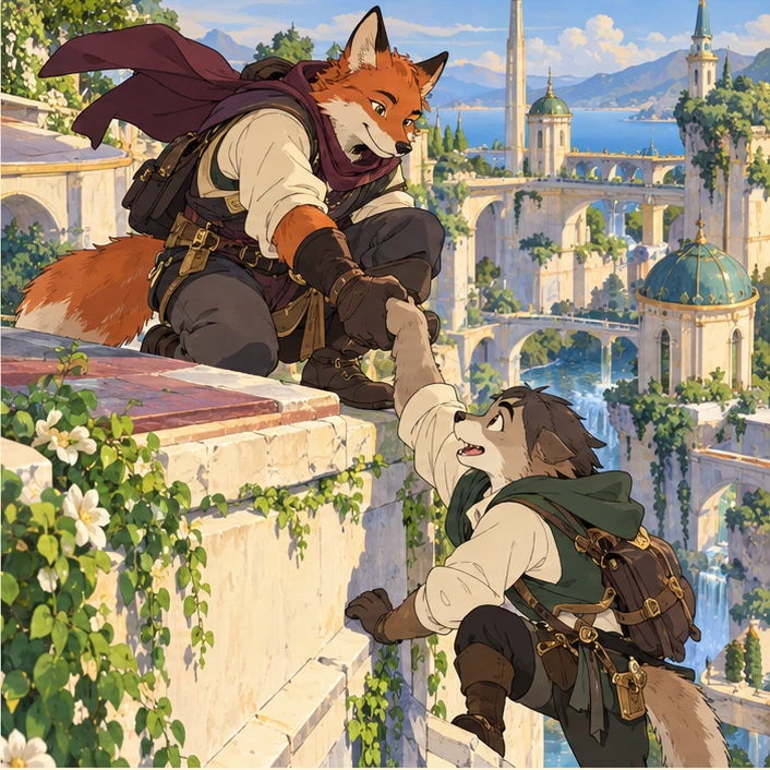 Woofclan: anthropomorphic fox-like dog person reaching a hand out to help a teammate onto a rooftop landing. Artistic interpretation.
