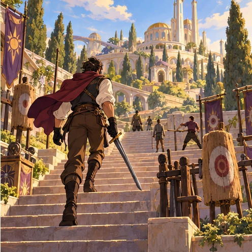 An adventurer climbs training terraces toward an academy tower. Artistic visual metaphor, not a literal rules diagram.
