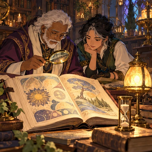 A scholar and skater study an illustrated grimoire with a magnifying glass and hourglass nearby. Artistic visual metaphor, not a literal rules diagram.