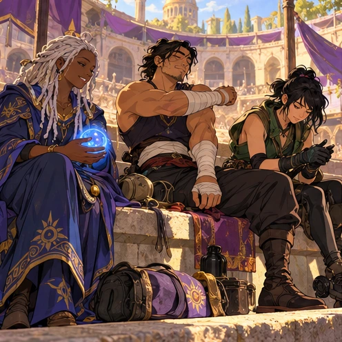 Three different teammates rest, stretch, and check their equipment at an arena bench. Artistic visual metaphor, not a literal rules diagram.