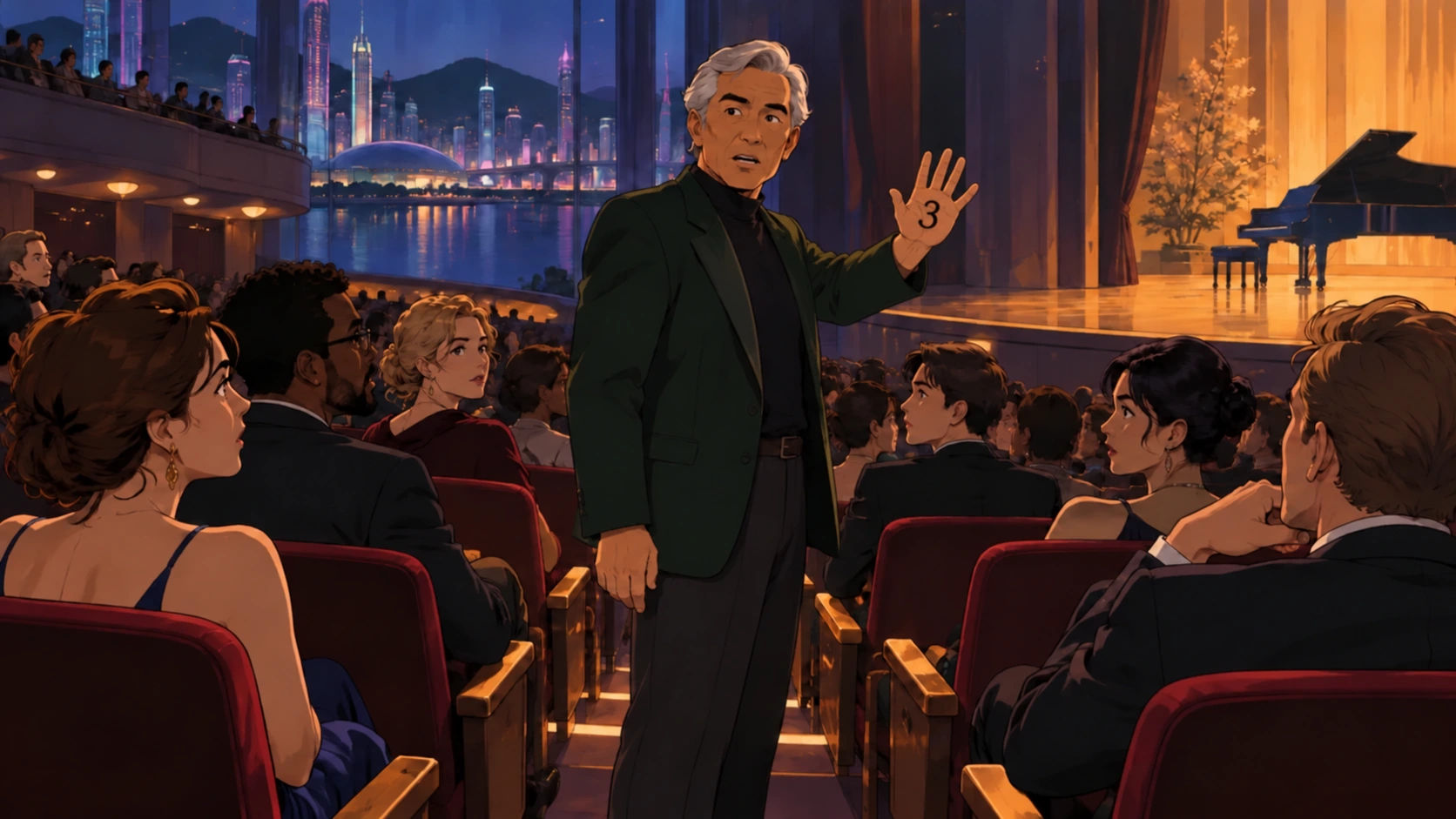 A gray-haired La Dama raises a hand marked 3 as the theater audience turns toward him.
