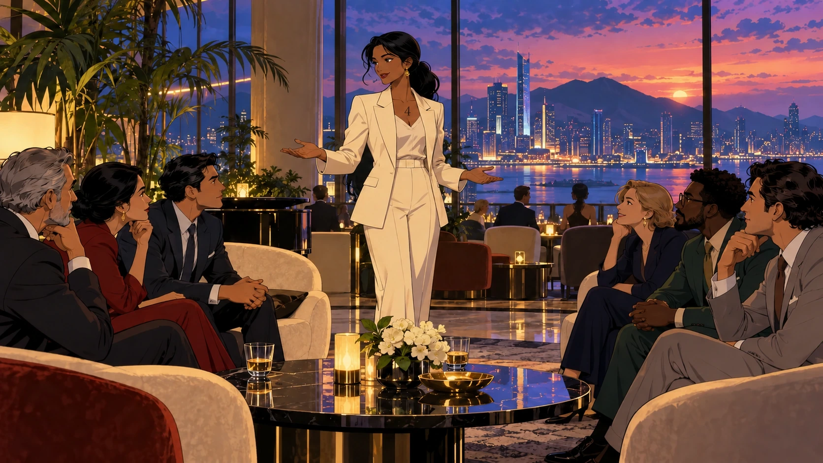 A Catrín draws attention in a lounge through personal presence.