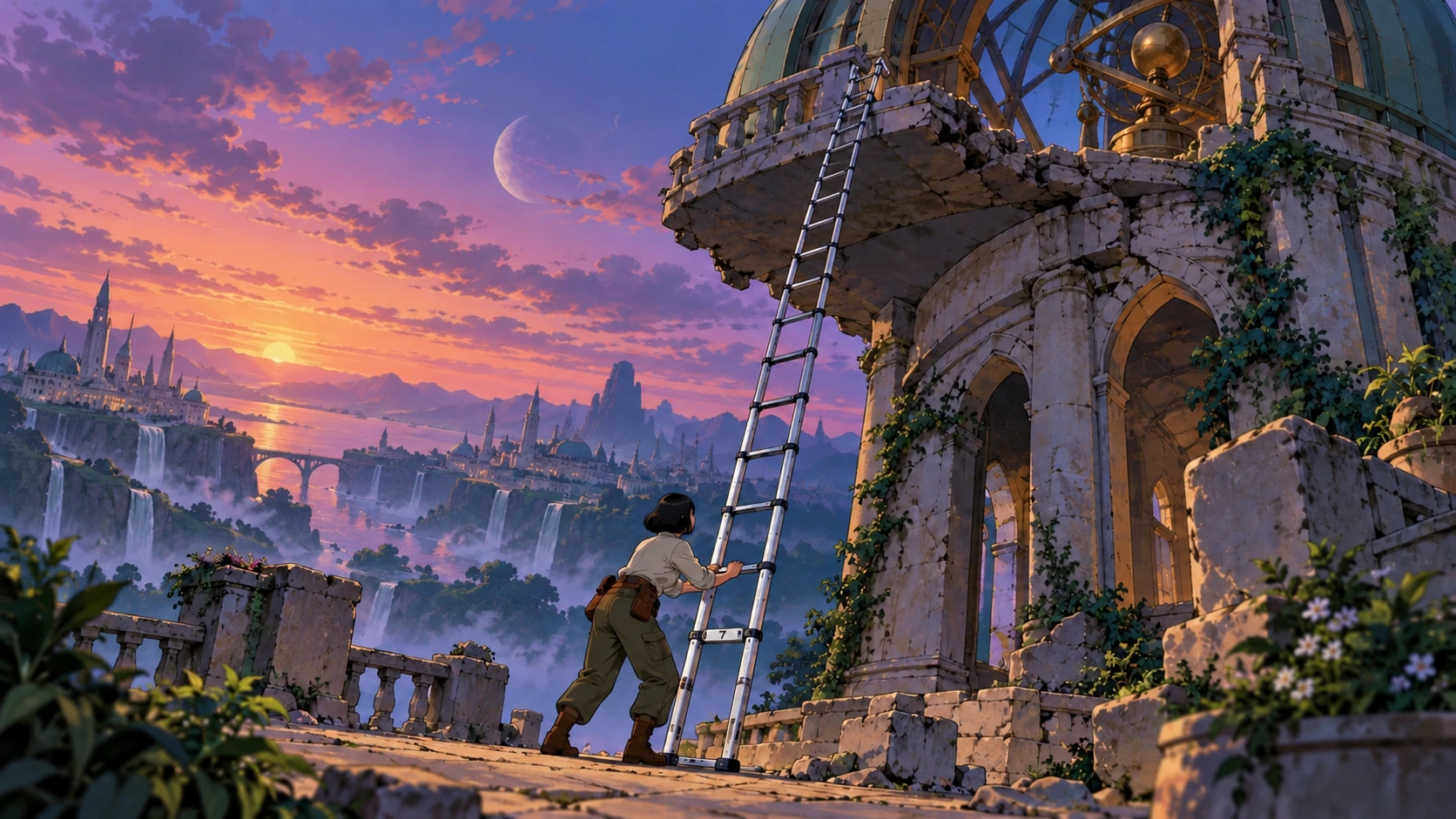 A traveler uses an extended Escalera to reach a tower balcony.