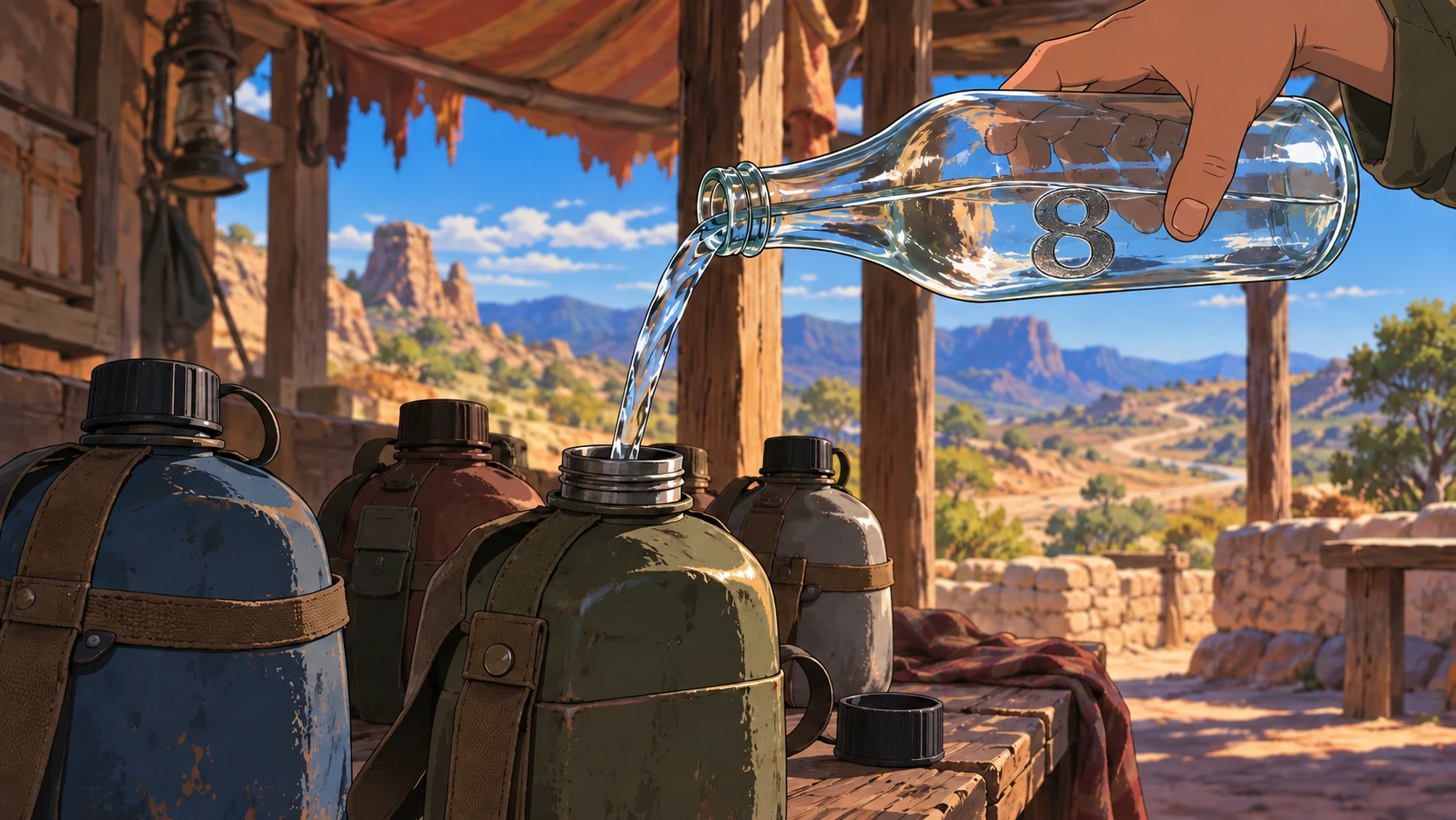 A hand pours liquid from the numbered Botella into travel flasks.