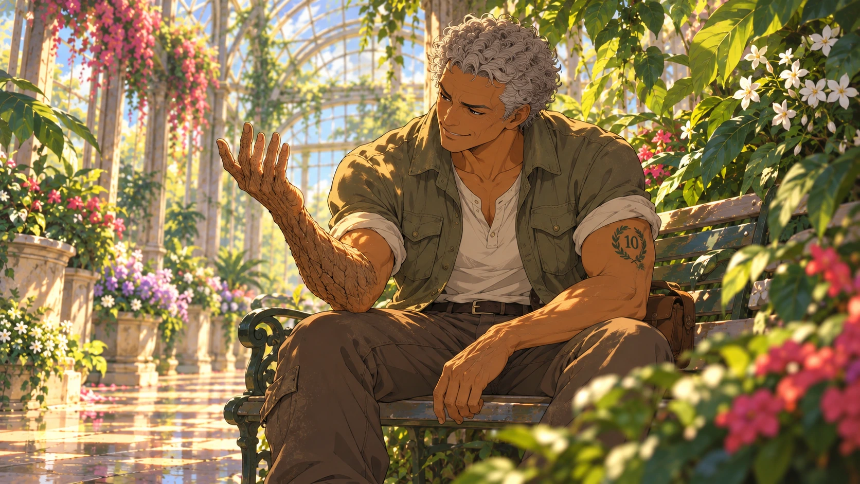 An Árbol examines protective barkskin in a greenhouse.