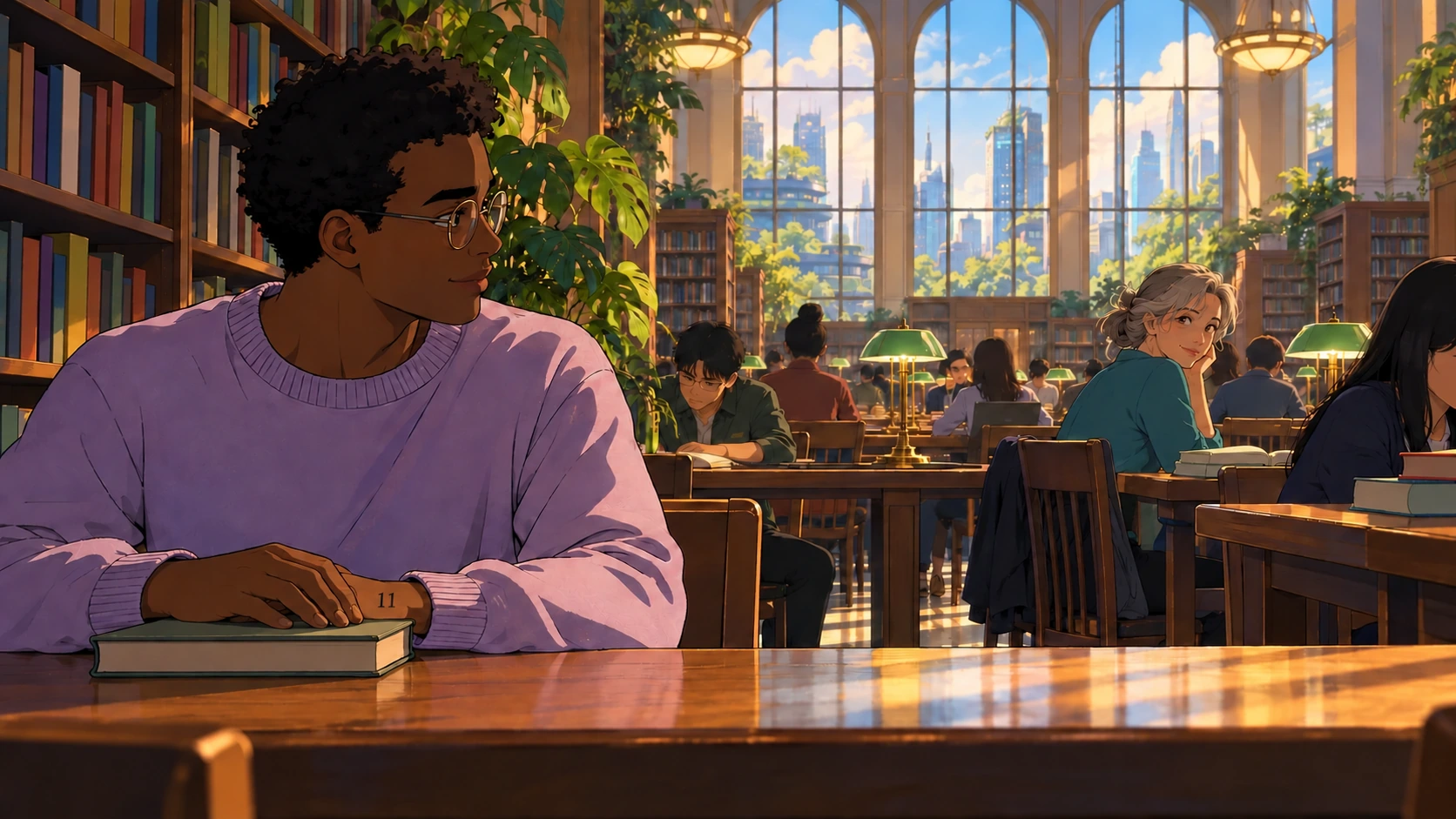 A Melón shares a quiet mental connection across a library.