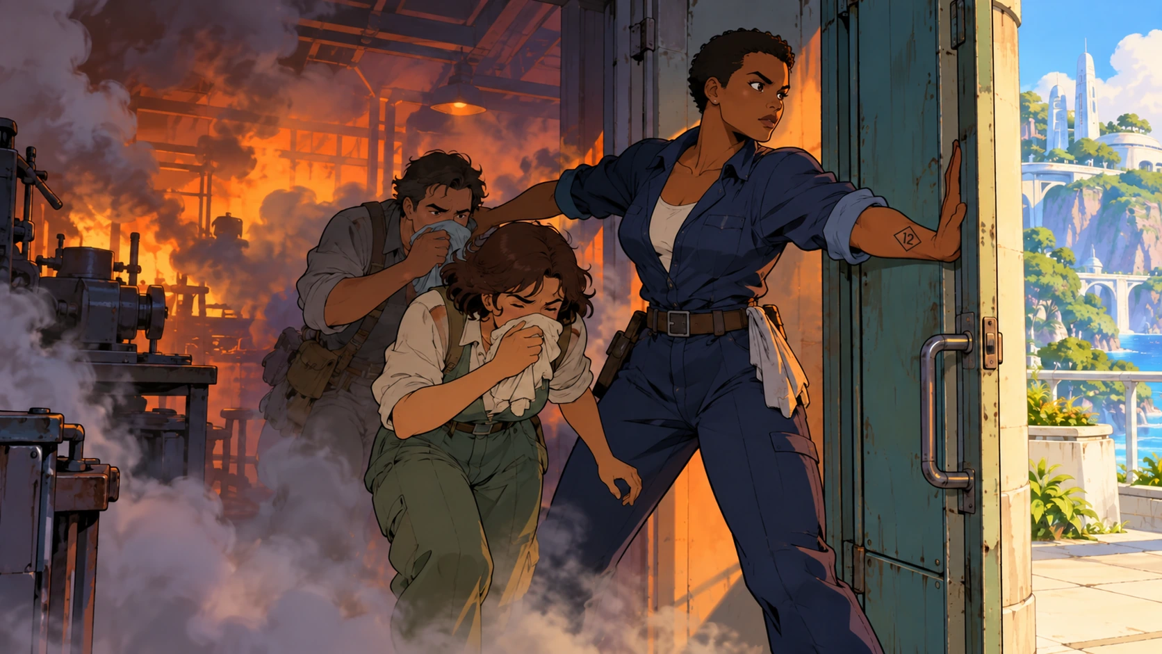 A Valiente guides frightened people out of a burning workshop.