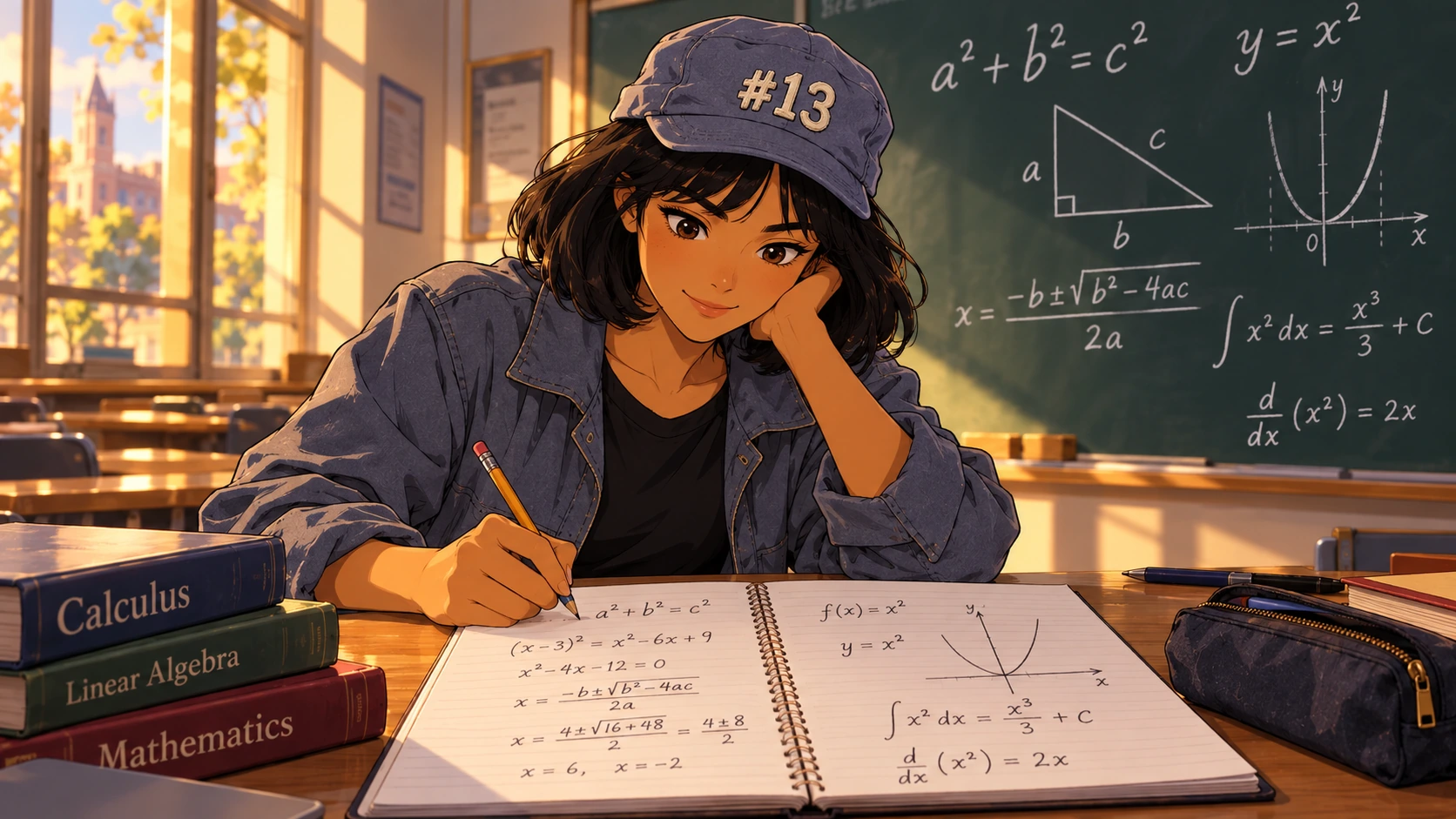 A wearer uses a thinking-cap Gorrito while solving mathematics.
