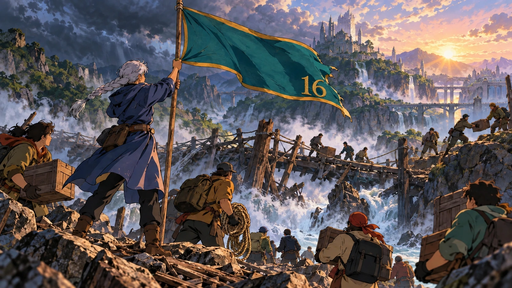 A bearer raises the Bandera to rally companions across a broken crossing.