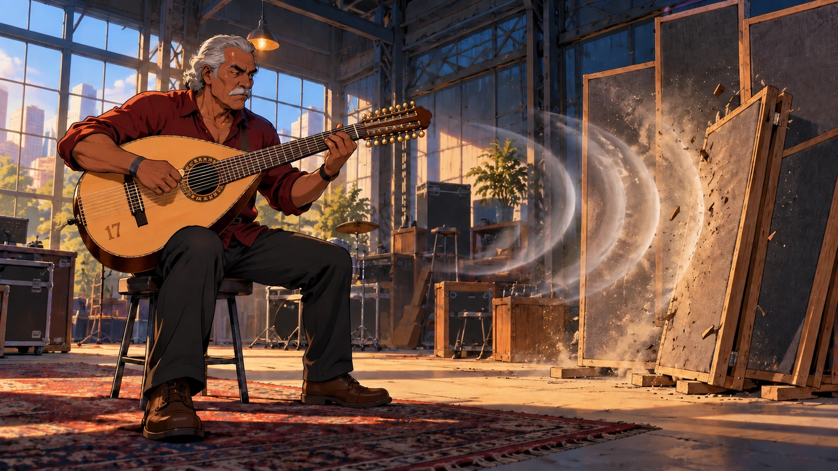 A musician plays the Bandolón, sending a sonic pulse into a target.