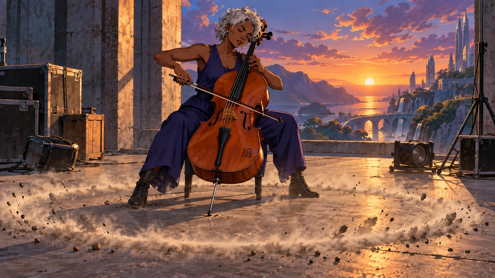 A musician bows the Violoncello as vibrations disturb the floor.