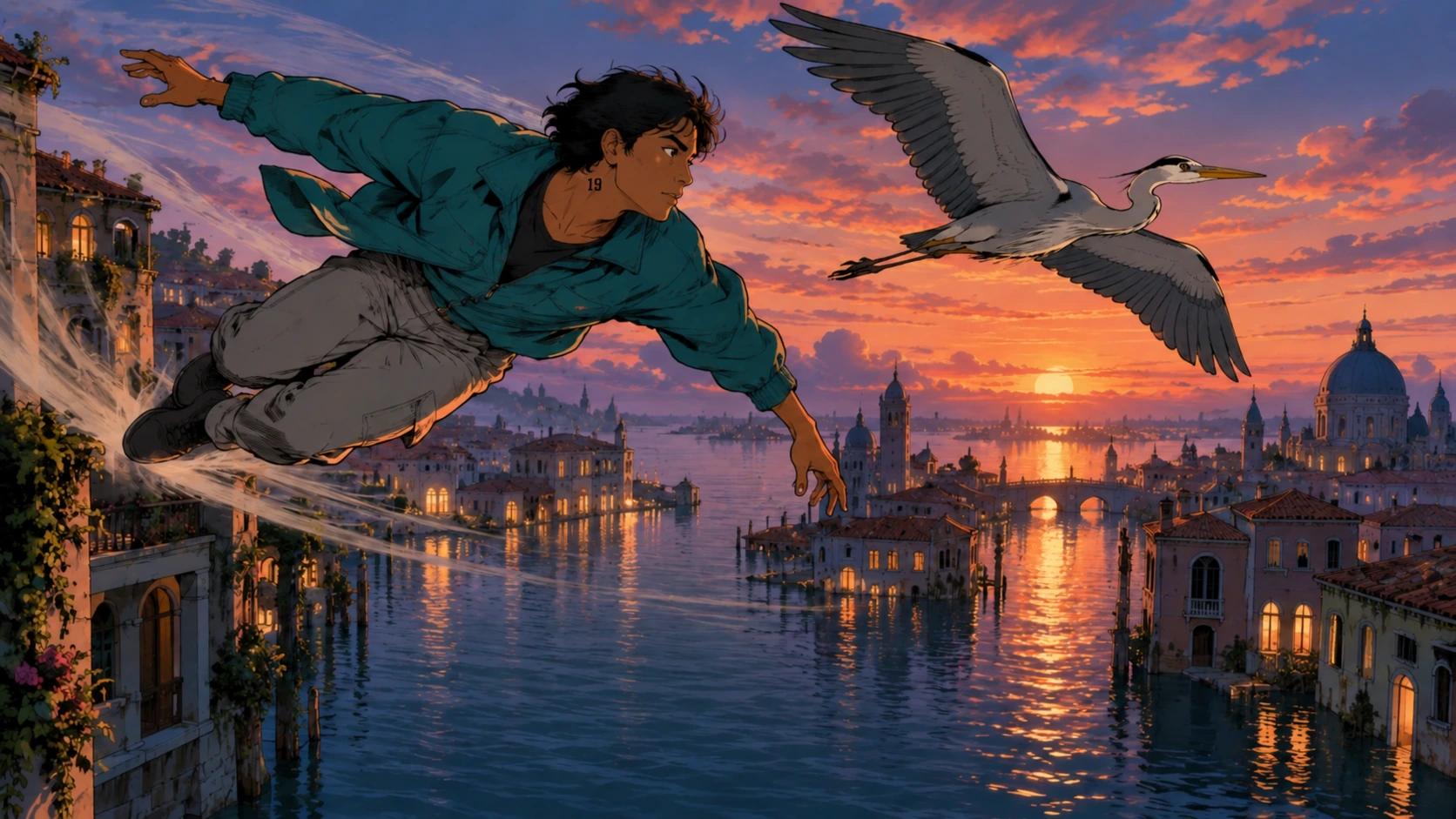 A Garza flies beside a heron above a city canal.