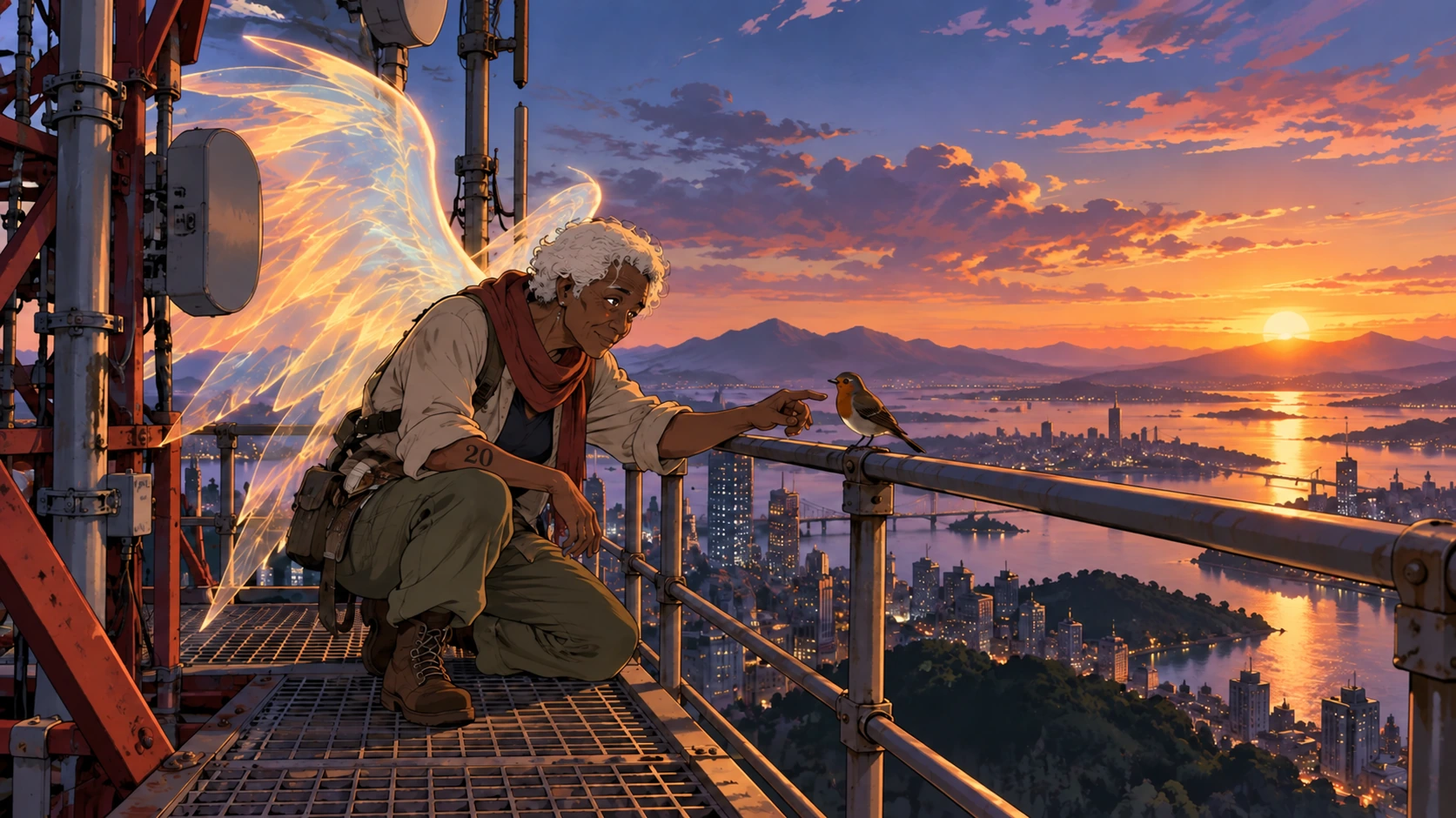 A Pájaro prepares to fly with luminous wings.