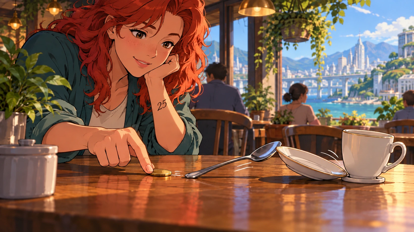 A Borracho concentrates on a coin’s outcome at a café table.