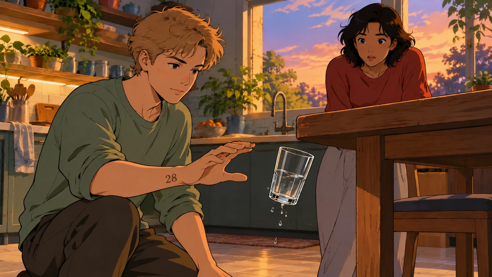 A Sandía arrests a falling glass with telekinesis.