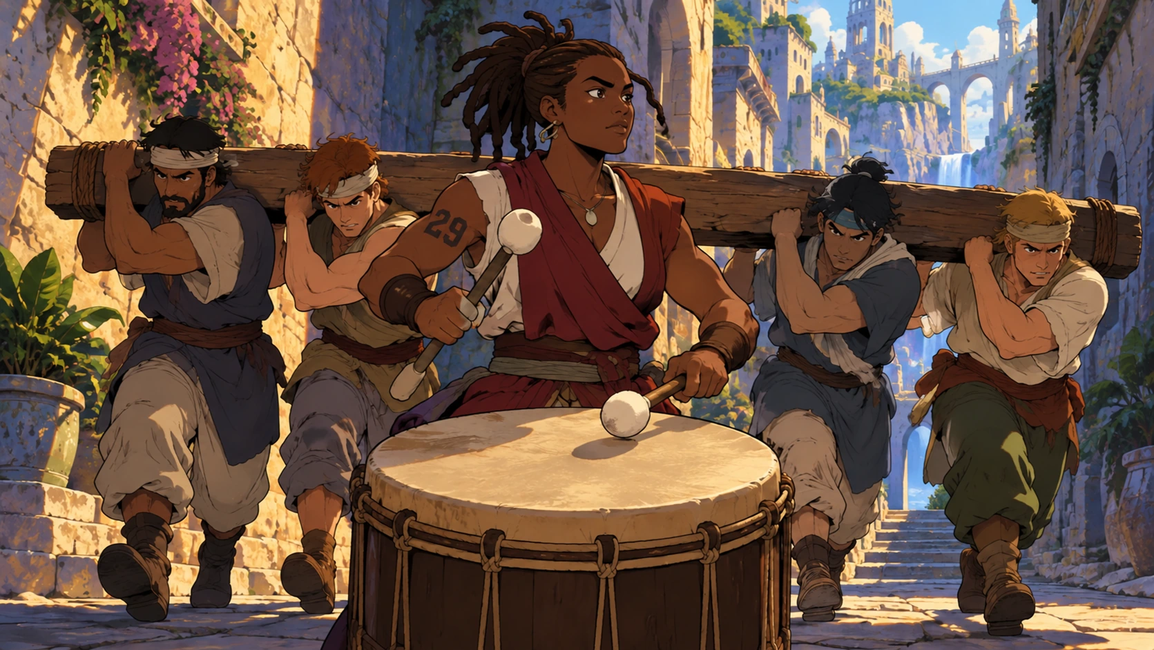 A drummer coordinates a team carrying a heavy beam.
