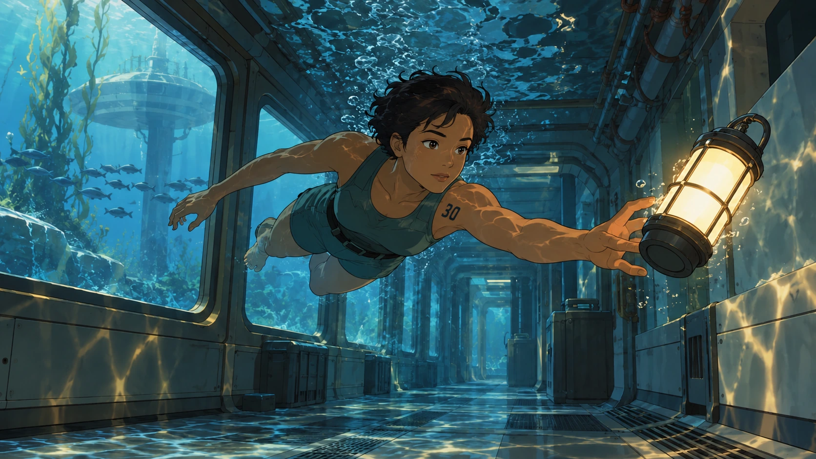 A Camarón swims through a submerged interior.