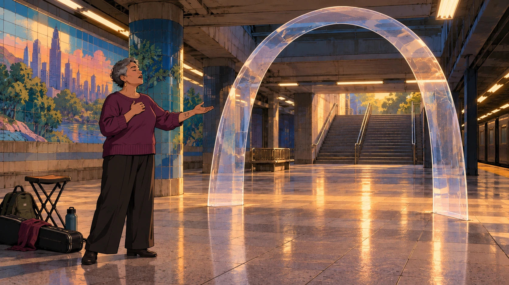 A Músico shapes an arch through performance.