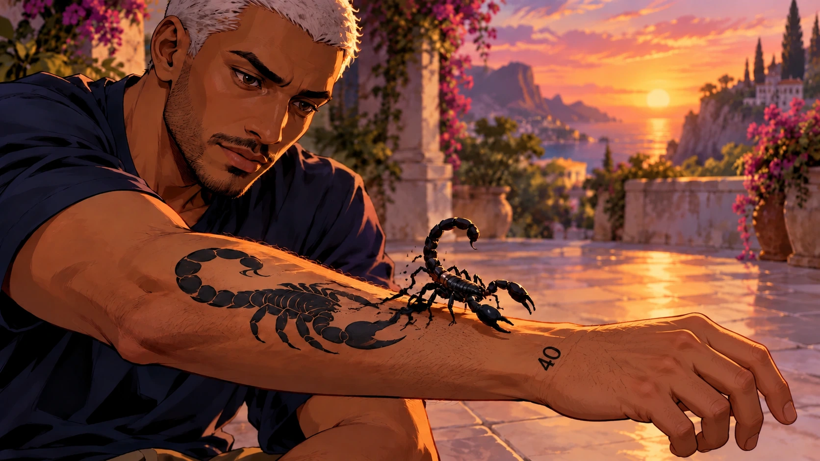 An El Alacrán bearer animates a scorpion tattoo on his outstretched forearm.