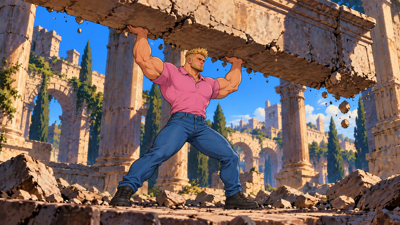Roy, a muscular blond man in a pink polo and blue jeans, lifts an enormous stone lintel amid ancient ruins.