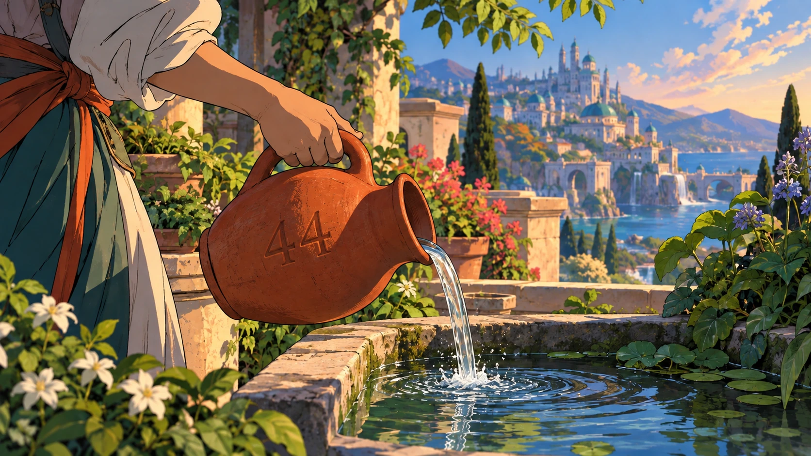 A hand pours replenishing water from the Cantarito.