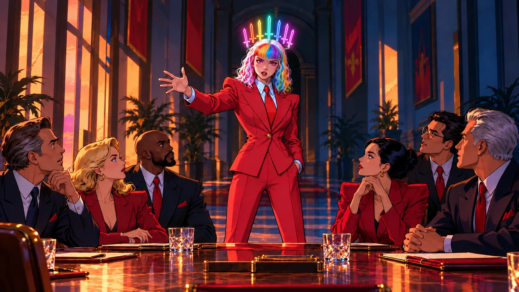 Bijou addresses a council beneath a crown of seven glowing rainbow swords.