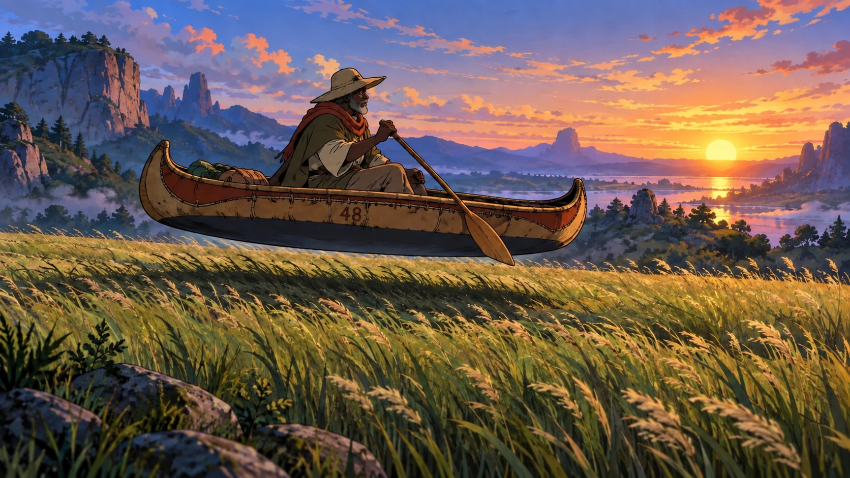 A traveler uses a Chalupa to cross a grassy landscape.