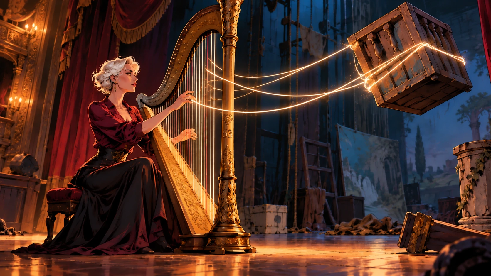 An Arpa player binds a falling stage crate with enchanted strings.