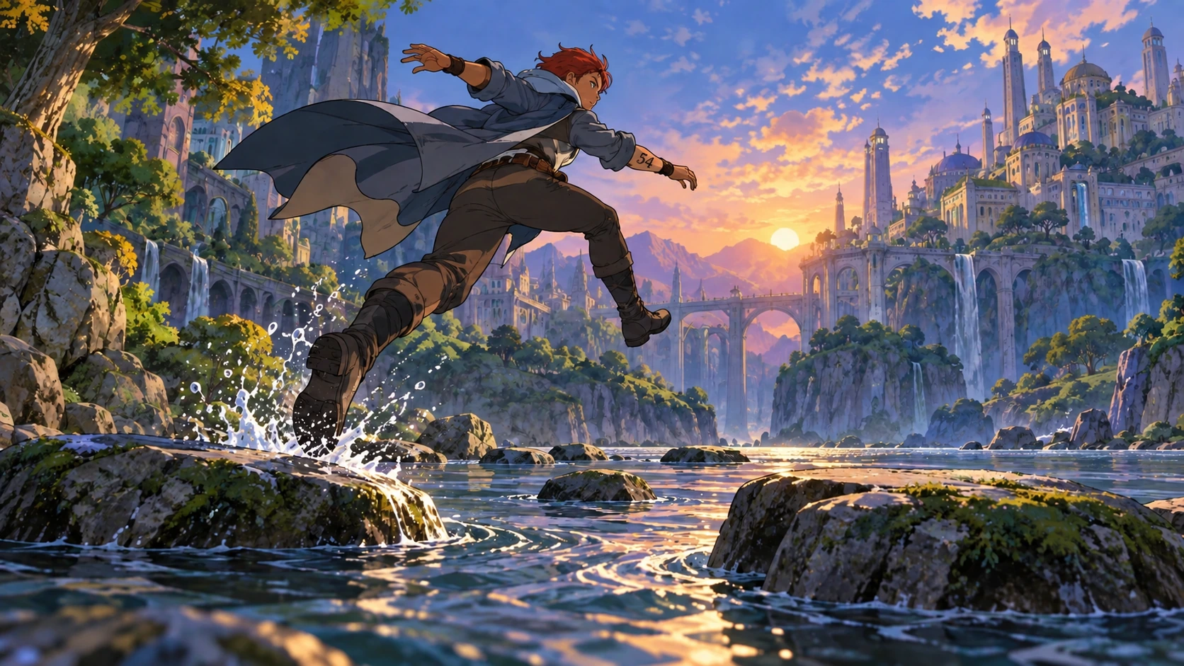 A Rana leaps across water between rocks.