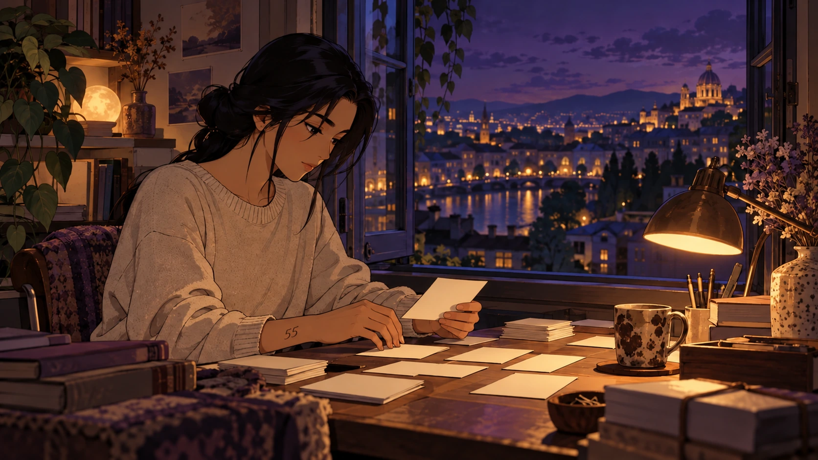 A Lechuza character study reading by a window at night.