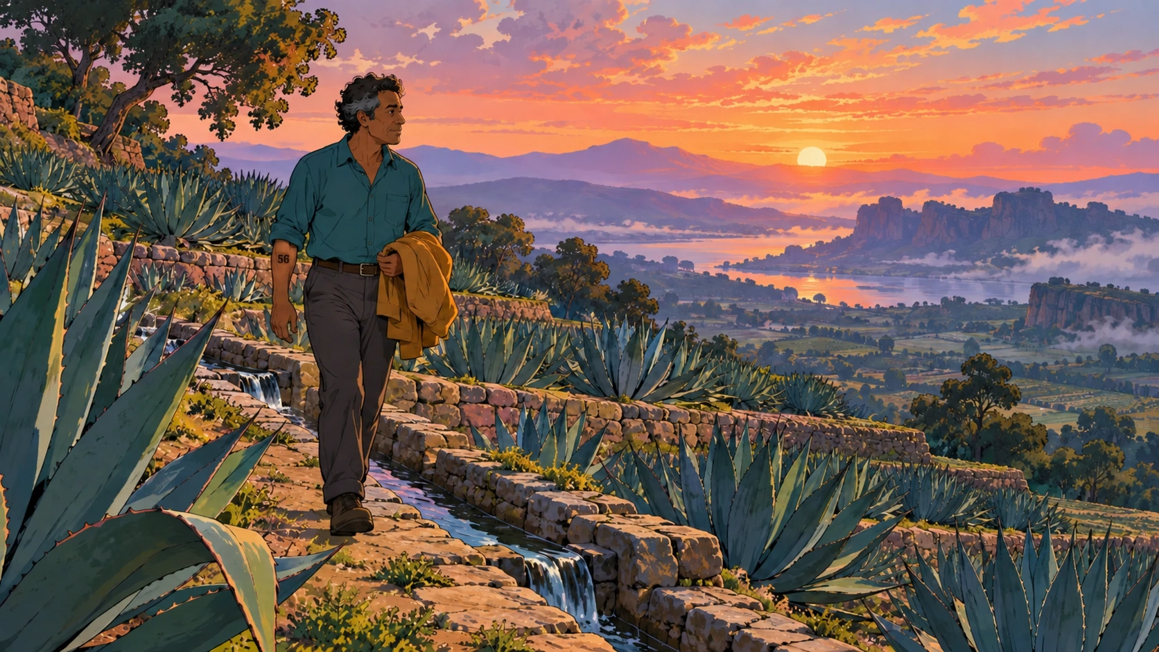 A Maguey character study walking through sunlit agave fields.