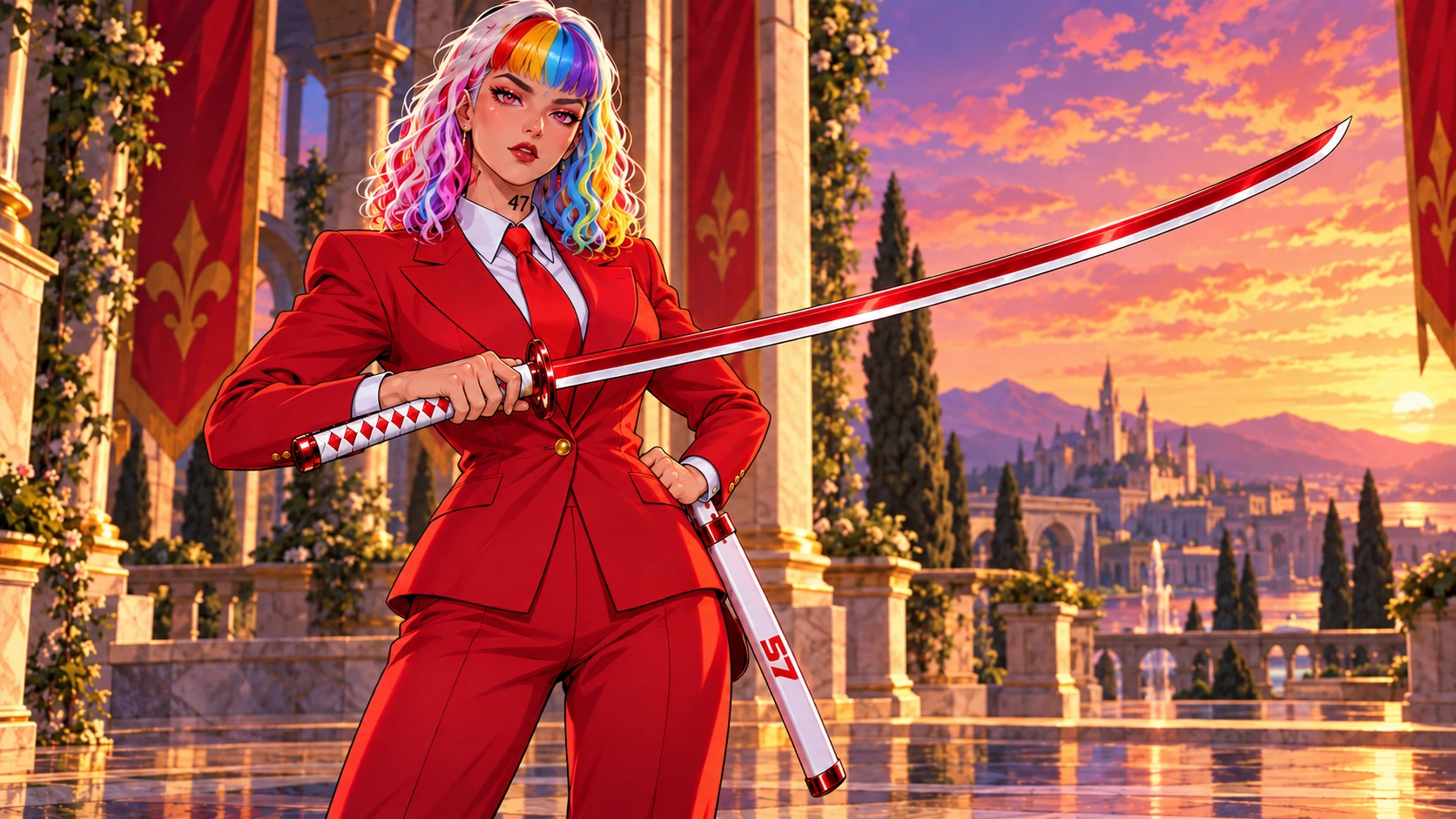 Bijou wields La Espada one-handed in a solo practice stance, with her free hand at her waist. The red katana has a white cutting edge, and its white sheath bears 57.